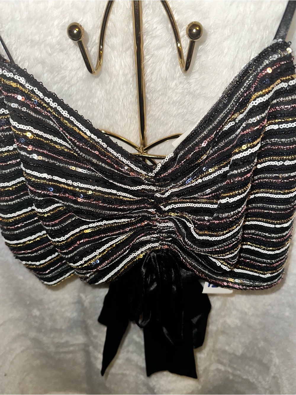 Meraki Black Multicolor Sequin Striped Tie-in Back Crop Top